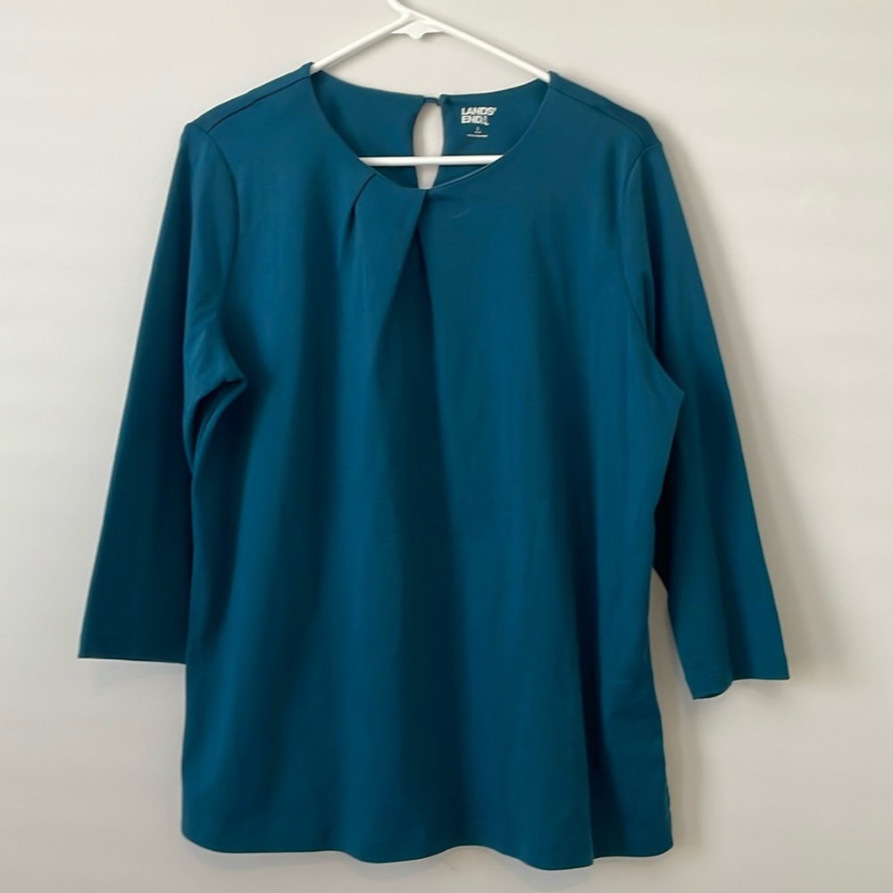 Lands’ End Teal Three Quarter Pleat Neck Top